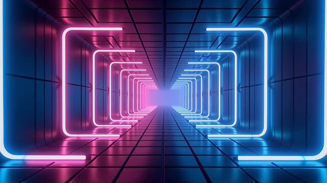 Neon purple lattice forms endless corridor right angled lines camera gliding forward to evoke digital odyssey K sequence offers retro future eye candy suited to electronic music visuals tech - Powered by Adobe