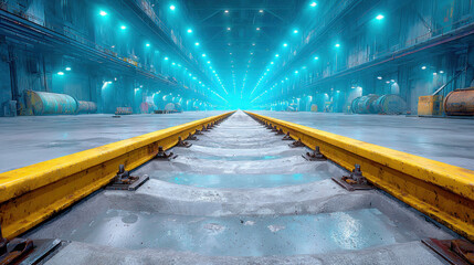 Interior of a steel factory featuring tracks for material movement.
