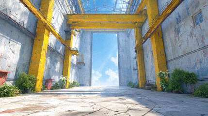 Large steel structures being assembled in a factory setting with a focus on industrial construction processes.
