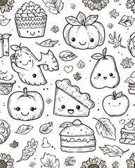 Kawaii fall food pattern coloring page with pie, apple, pumpkin, and desserts, cute autumn doodle sheet for kids and adults to print