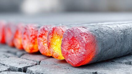 Steel rods are being automatically bundled in a manufacturing process.