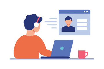 Person wearing headphones works on a laptop with a video call window open