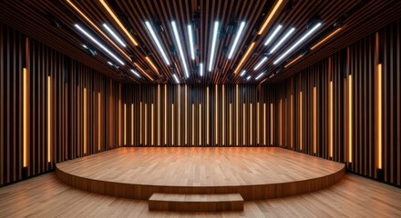 Modern auditorium stage with warm wood paneling and dynamic lighting