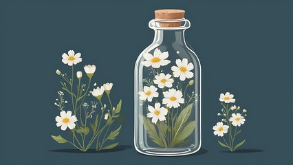 Serene Daisies in Glass Bottle: Botanical Illustration