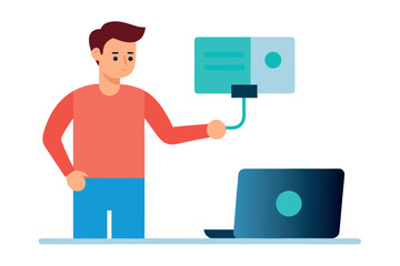 Man connecting device to laptop for presentation or data transfer