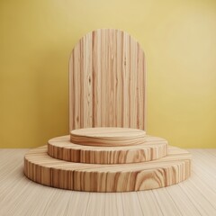 Minimalist wooden pedestal stage with arched backdrop on yellow background