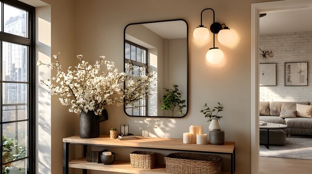 A hallway console table with a mirror and floral arrangement.