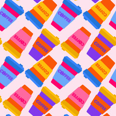 A vibrant, seamless pattern featuring disposable coffee cups. Geometric background design. Coffee cup motif suitable for print, wallpaper, textile, and wrapping paper. Hand-drawn vector illustration