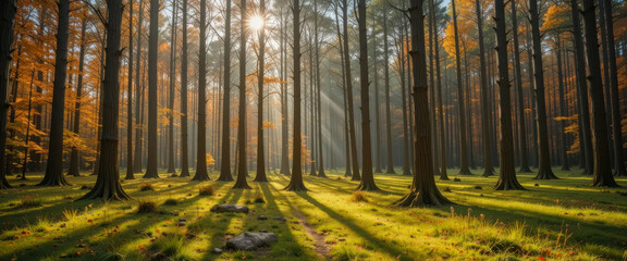 Sunbeams pierce a misty autumn forest, illuminating a grassy path between tall, slender trees with golden foliage.  A serene and magical scene.