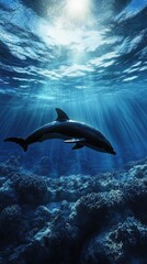 Obraz premium Solitary Dolphin Gliding Through Ethereal Sun Rays in the Deep Blue