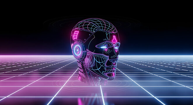 Futuristic robot head with glowing blue eyes and pink accents, floating above a neon grid floor against a dark background. - Powered by Adobe