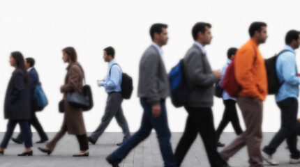 Fototapeta premium Blurred commuters walking. Side view, motion blur, urban scene, defocused.
