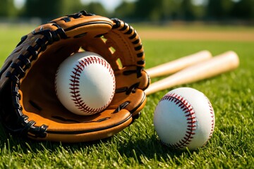 Closeup of Baseball Glove and Balls on Sunny Sports Field Outdoor Leisure Setting for Athletic Enthusiasts