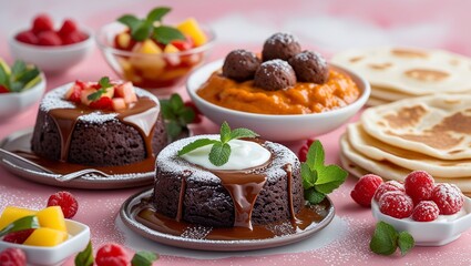Decadent Dessert Spread: A Feast of Chocolate Lava Cakes, Fruit, and Sweet Delights