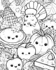 Kawaii Thanksgiving food coloring page with cute turkey, pumpkin, apple, pie and fall leaves, adorable holiday feast doodle for kids