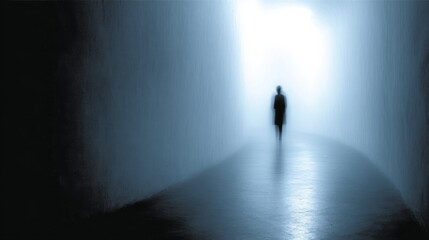 A solitary blurred silhouette walks down a long narrow corridor with soft lighting and reflective floor,