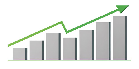 A bar chart illustrating financial growth with a green arrow pointing upwards isolated on transparent background