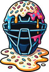 The Baseball mask is topped with dripping, glossy ice cream