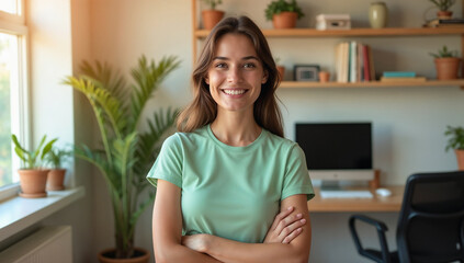 Obraz premium Happy young woman with a bright smile sitting on a sofa at home, a smiling young woman with long brown hair, wearing a green top, standing in a room with shelves and plants in the background
