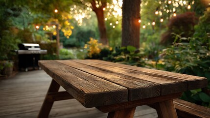 Naklejka premium Rustic wooden picnic table in a backyard with string lights