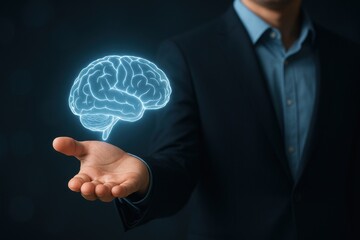 Innovative Man Holding Holographic Brain in Palm Futuristic Technology Concept Dark Bokeh Background