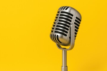 Fototapeta premium Retro Silver Microphone for Podcasting Bright Yellow Background Live Performance Equipment Closeup Shot