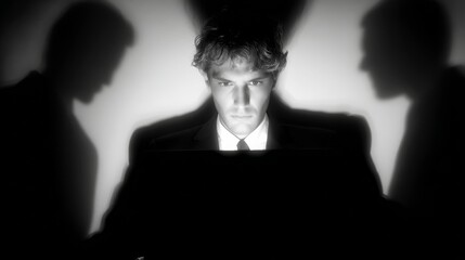 A person sits behind a laptop with dramatic lighting casting shadows on the walls,