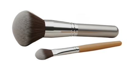 Close up of two makeup brushes one large kabuki brush and one smaller foundation brush isolated on transparent background