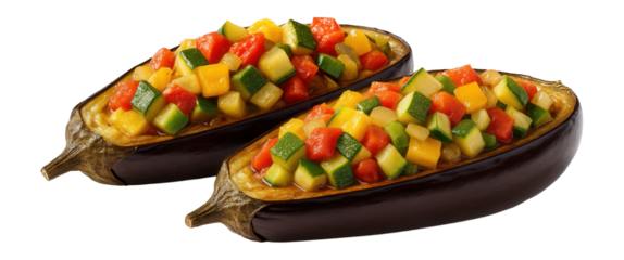 Eggplant curry with coconut milk and chickpeas, ladled into a deep, white soup bowl