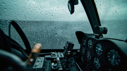 Inside a helicopter cockpit view through a rain-covered windshield with gauges and controls facing a stormy ocean scene