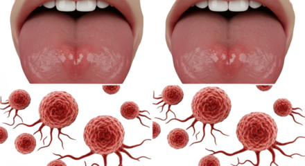 Close up of human mouth showing inflamed tongue with white spots and saliva droplets near microscopic view of bacteria or viruses isolated on transparent background