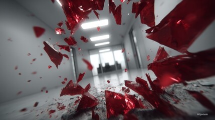 Artistic shattered glass effect in a neutral-toned office corridor, red shards mid-flight, reflective floor,
