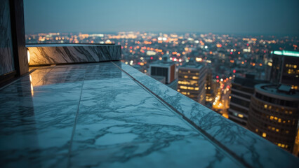 Fototapeta premium Marble rooftop edge with city lights in the background at dusk with blurred bokeh effect and warm glow