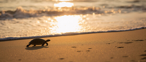 A tiny turtle crawls across the sandy shore towards the waves, glistening in sunset light.