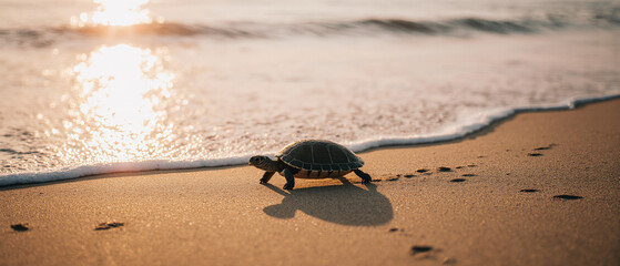 A tiny turtle crawls across the sandy shore towards the waves, glistening in sunset light.