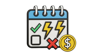 Calendar icon with check mark lightning bolt cross and dollar sign for planning