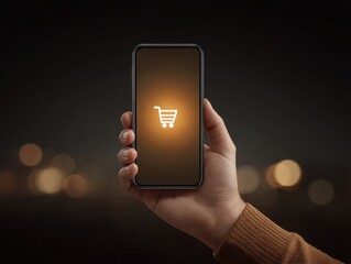 mobile payment integration concept. Hand holding smartphone with shopping cart icon against a dark background.
