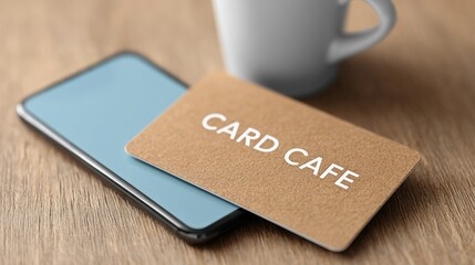 mobile payment integration concept. Close-up of a smartphone and a card on a wooden surface.