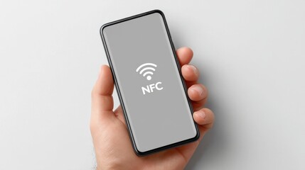 mobile payment integration concept. Mobile phone displaying NFC technology concept in a hand.