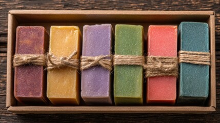 Fototapeta premium Vegan-friendly gift ideas. Colorful handmade soaps neatly arranged in a wooden box with twine.