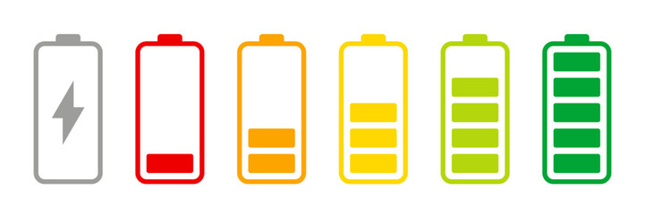 Battery level indicators. Colorful battery charge level icons. Battery power level pictograms in outline style. Vector