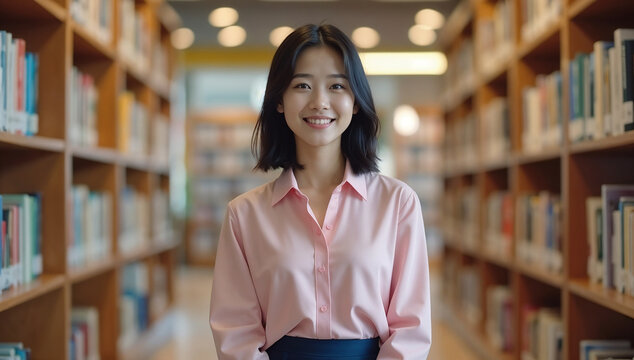 A smiling female university student is studying in a library. A young woman with long, dark hair is standing in a library, smiling