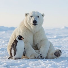A polar bear and a penguin sitting happily on the ice