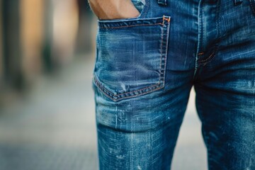 Close up of fashionable distressed denim jeans, showcasing trendy worn look and unique texture