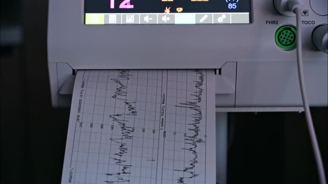 Close-up of a fetal monitor in a doctor's office, displaying fetal heart rate and uterine contraction data during a prenatal check-up
