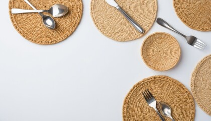 Woven placemats with silver cutlery set flatlay