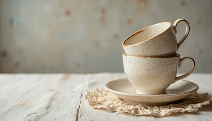 Porcelain teacups stacked on lace doily