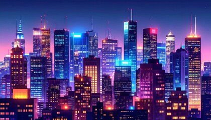 Obraz premium Nighttime city skyline with glowing windows and streetlights