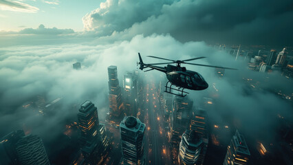 Aerial view of a black helicopter flying over a city shrouded in dense fog with illuminated skyscrapers and a cloudy sky