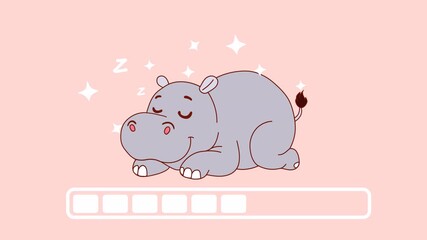 Looping cartoon animation of a cute hippo sleeping in a relaxed pose with eyes closed and a gentle peaceful expression with a progress bar on a transparent background